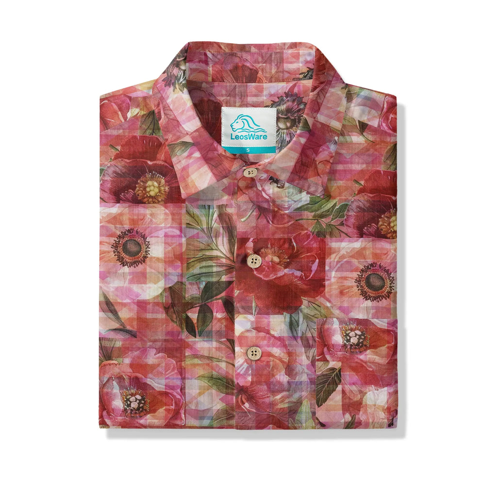 LeosWare® Plaid Men's Hawaiian Shirt Short Sleeve Button-up 100% Cotton Red Aloha Patterned Floral Impressions By Ann
