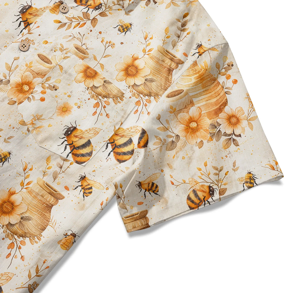 LeosWare® Men's Hawaiian Shirt Short Sleeve Button-up 100% Cotton Yellow Aloha Autumn Harvest In The Honey Garden Bee By Ann