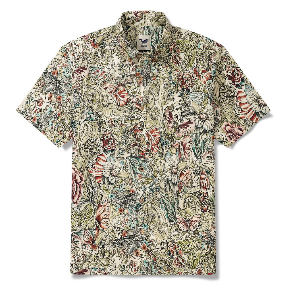 Men's Hawaiian Shirt Short Sleeve Button-down 100% Cotton Green Aloha Floral Butterfly By Yeti