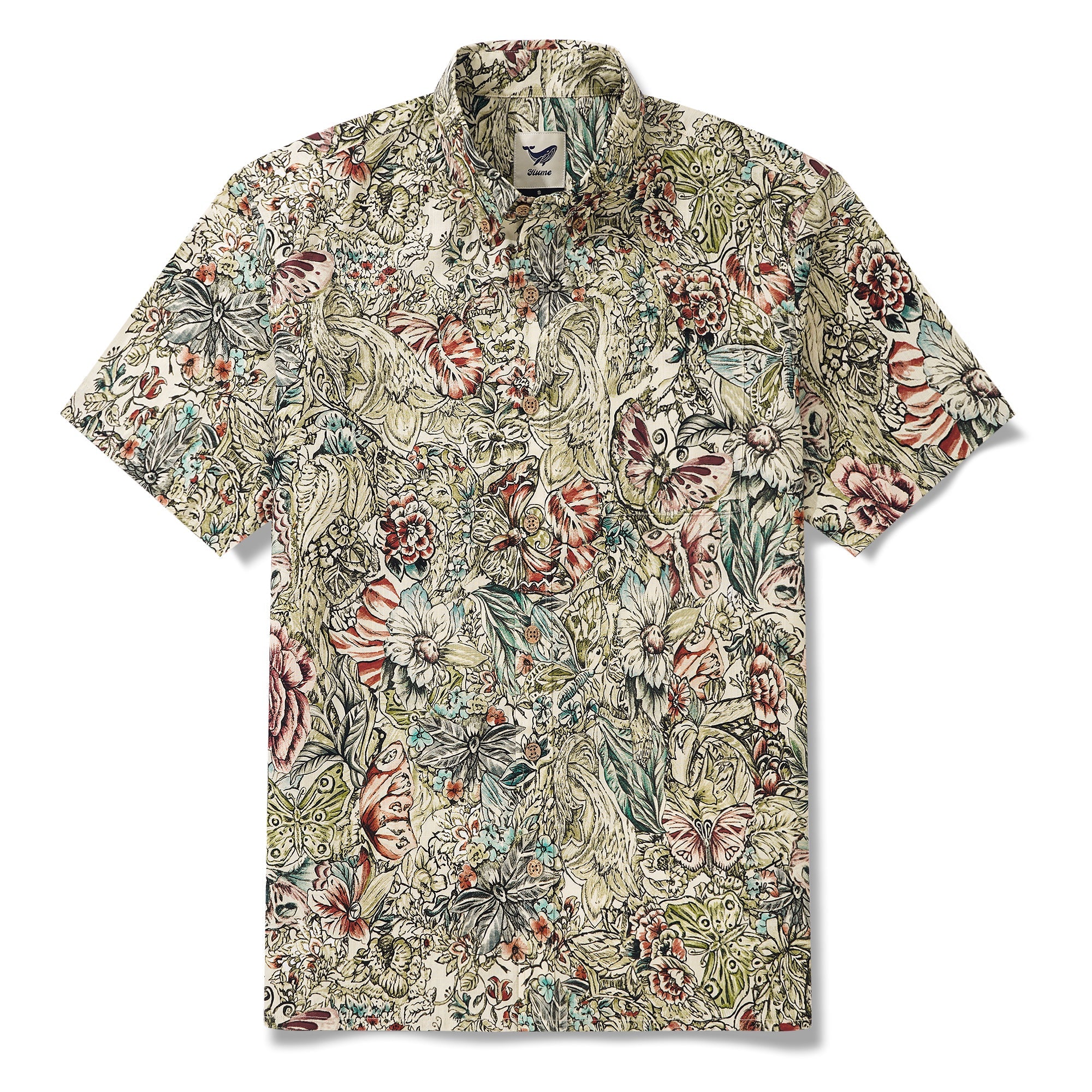 Men's Hawaiian Shirt Short Sleeve Button-down 100% Cotton Green Aloha Floral Butterfly By Yeti