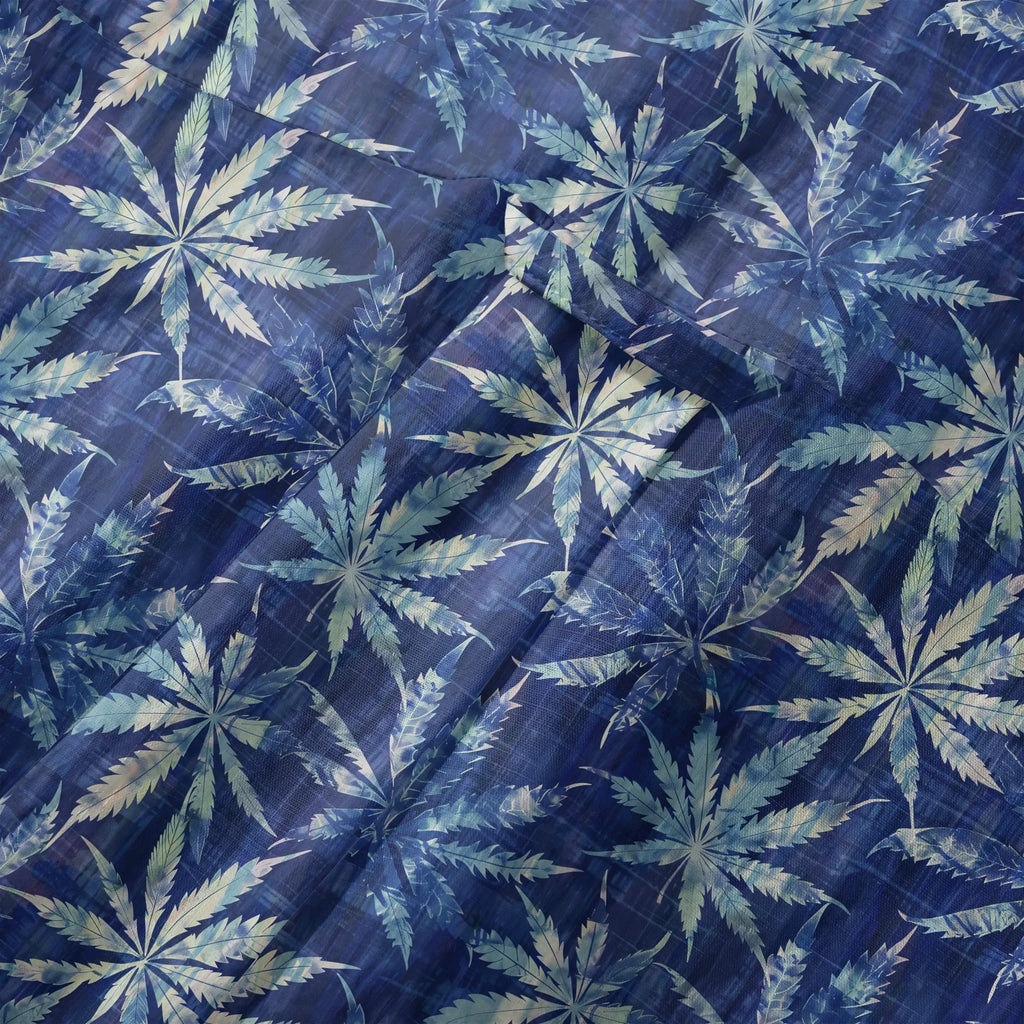 LeosWare® Leaf Men's Hawaiian Shirt Short Sleeve Button-up 100% Cotton Blue Aloha Indigo Dyed Leaves By Ann