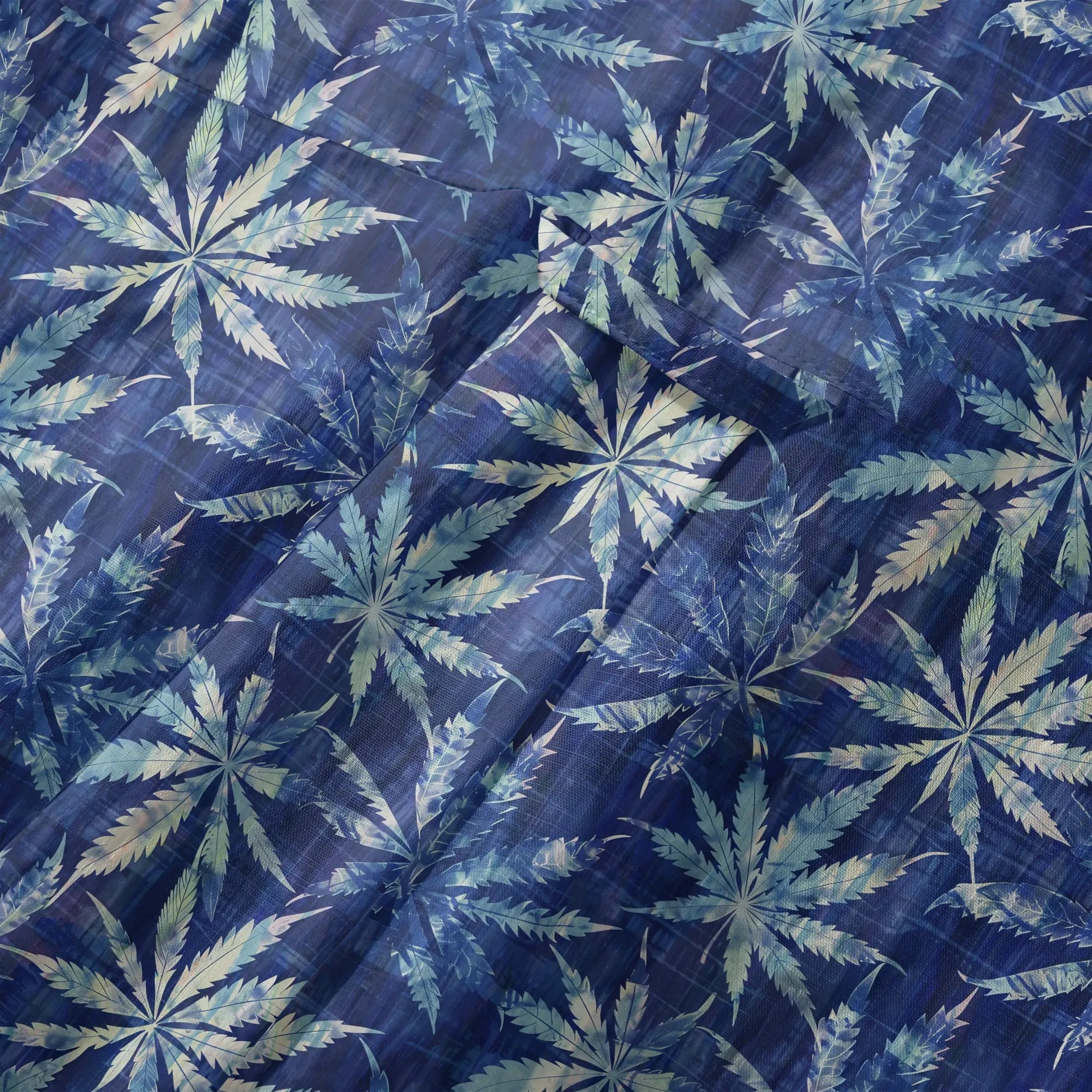 LeosWare® Leaf Men's Hawaiian Shirt Short Sleeve Button-up 100% Cotton Blue Aloha Indigo Dyed Leaves By Ann