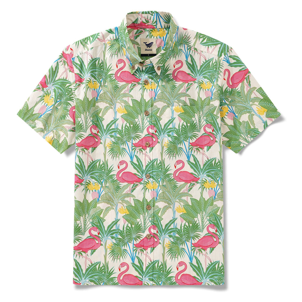 Chemise hawaïenne masculine bouton à manches courtes 100% coton beige alloha flamants et caméléons par house of haricot