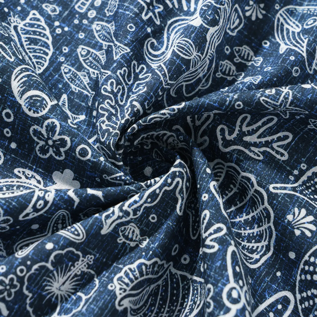 Men's Hawaiian Shirt Short Sleeve Button-down 100% Cotton Beige Aloha Coastal Doodle - Navy Blue By Huan huan