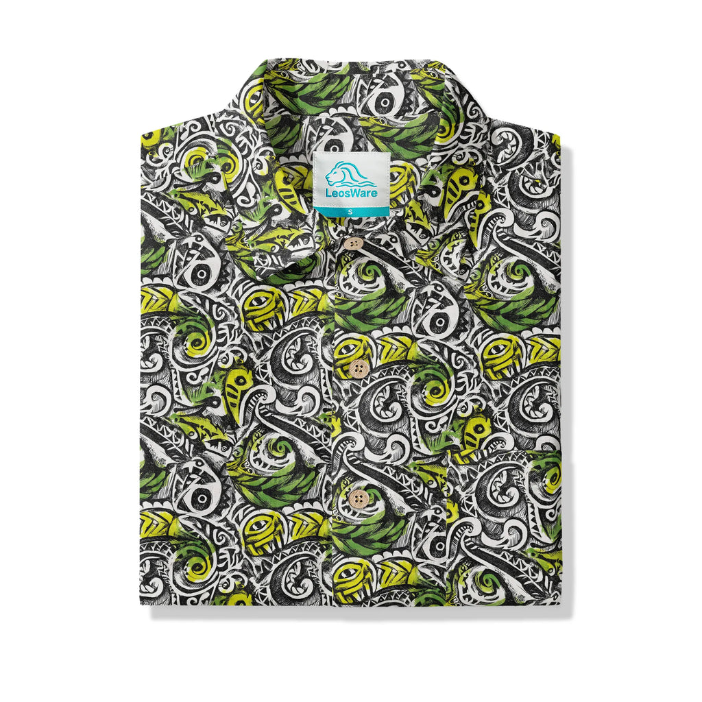 LeosWare® Men's Hawaiian Shirt Short Sleeve Button-up 100% Cotton Black Aloha Polynesian Totem By Ann