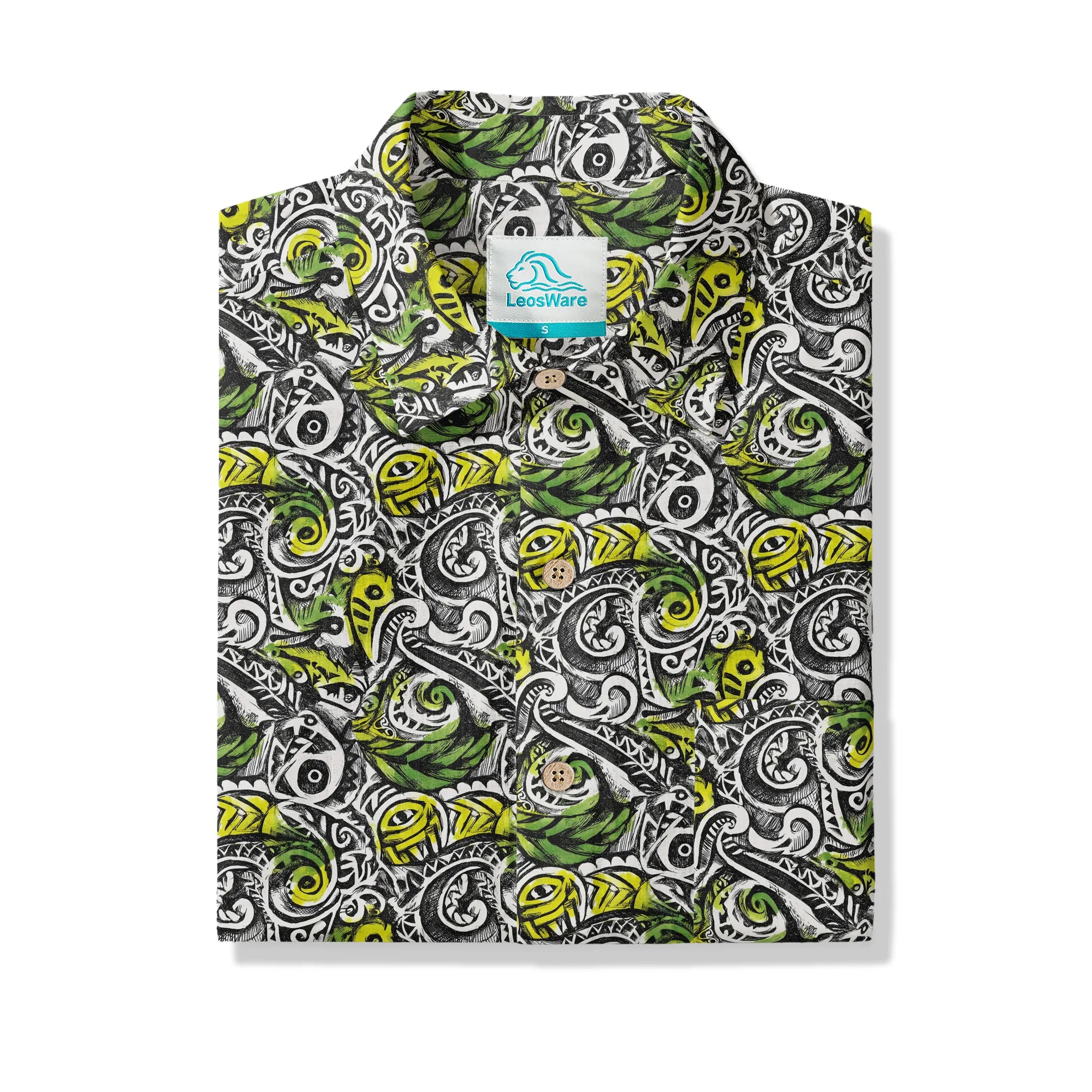LeosWare® Men's Hawaiian Shirt Short Sleeve Button-up 100% Cotton Black Aloha Polynesian Totem By Ann