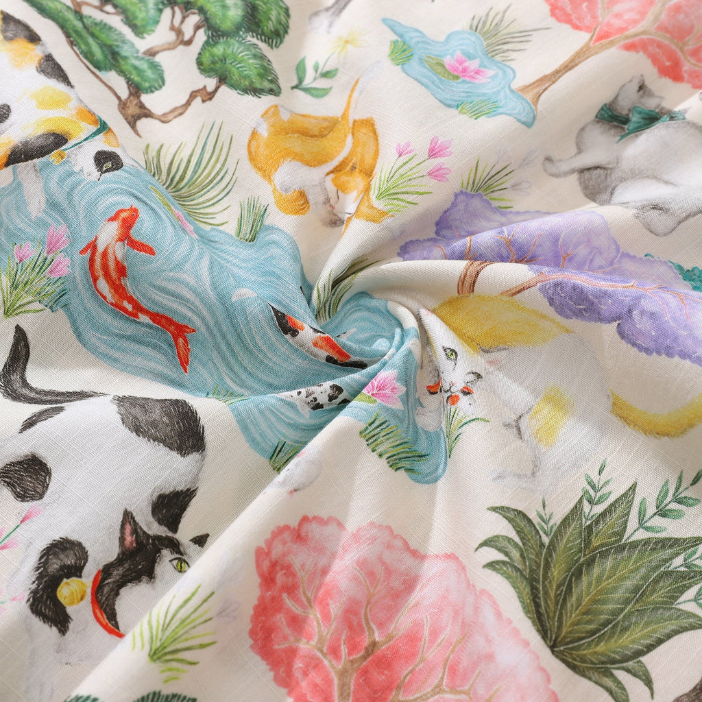Japanese Hawaiian Shirt For Men Ukiyo-e Cats Print Shirt Camp Collar 100% Cotton Shirt Japanese Cat Garden By Catherine Rowe