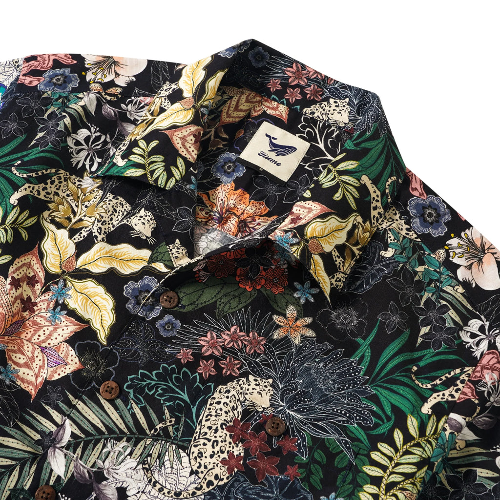 Leopards Men's Hawaiian Shirt Short Sleeve Camp Collar 100% Cotton Black Aloha The Night Jungle Exploring By Mo