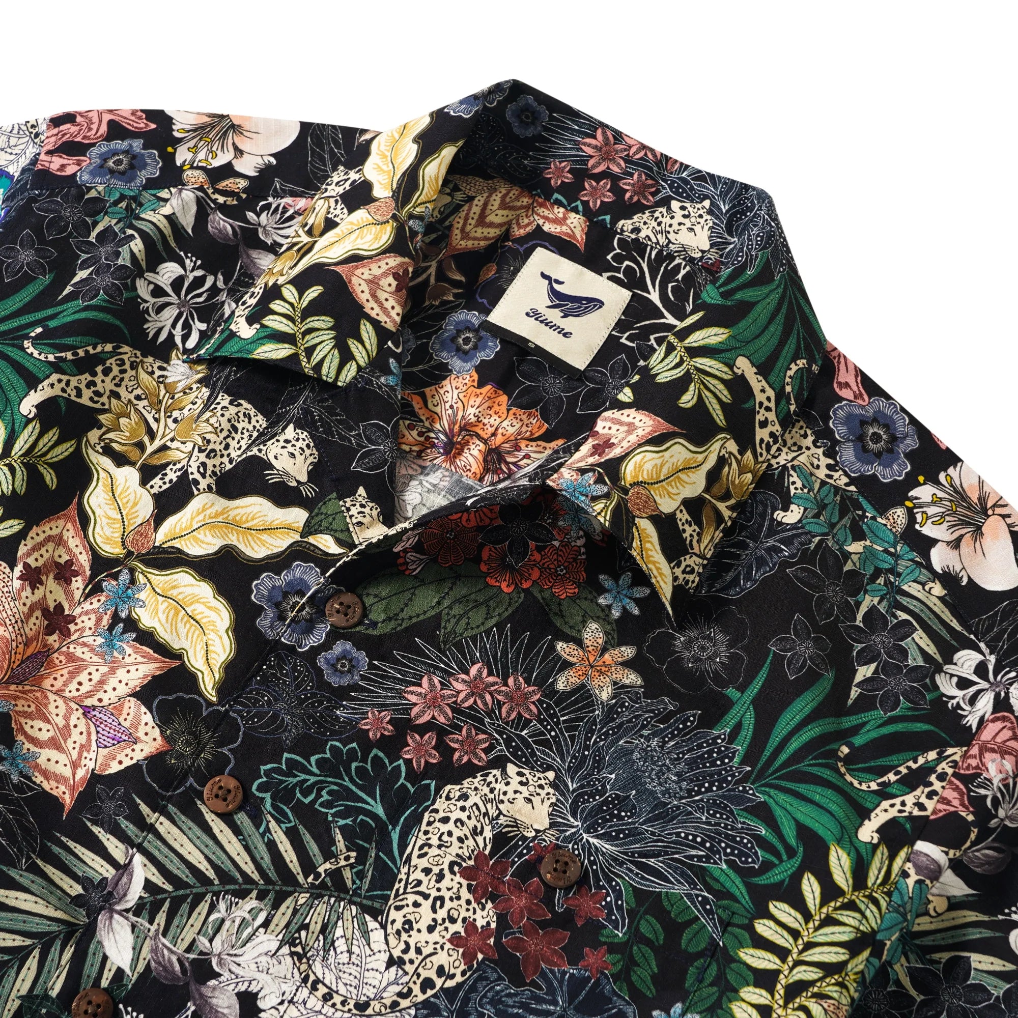Leopards Men's Hawaiian Shirt Short Sleeve Camp Collar 100% Cotton Black Aloha The Night Jungle Exploring By Mo