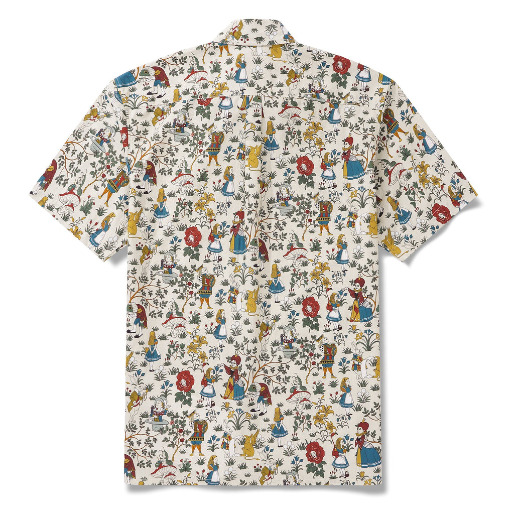 Men's Hawaiian Shirt Short Sleeve Button-down 100% Cotton Beige Aloha Alice's Wonderland By Zeke