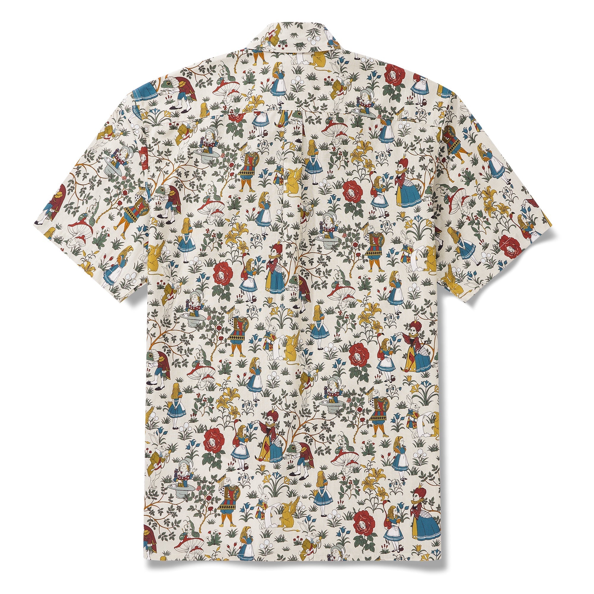 Men's Hawaiian Shirt Short Sleeve Button-down 100% Cotton Beige Aloha Alice's Wonderland By Zeke