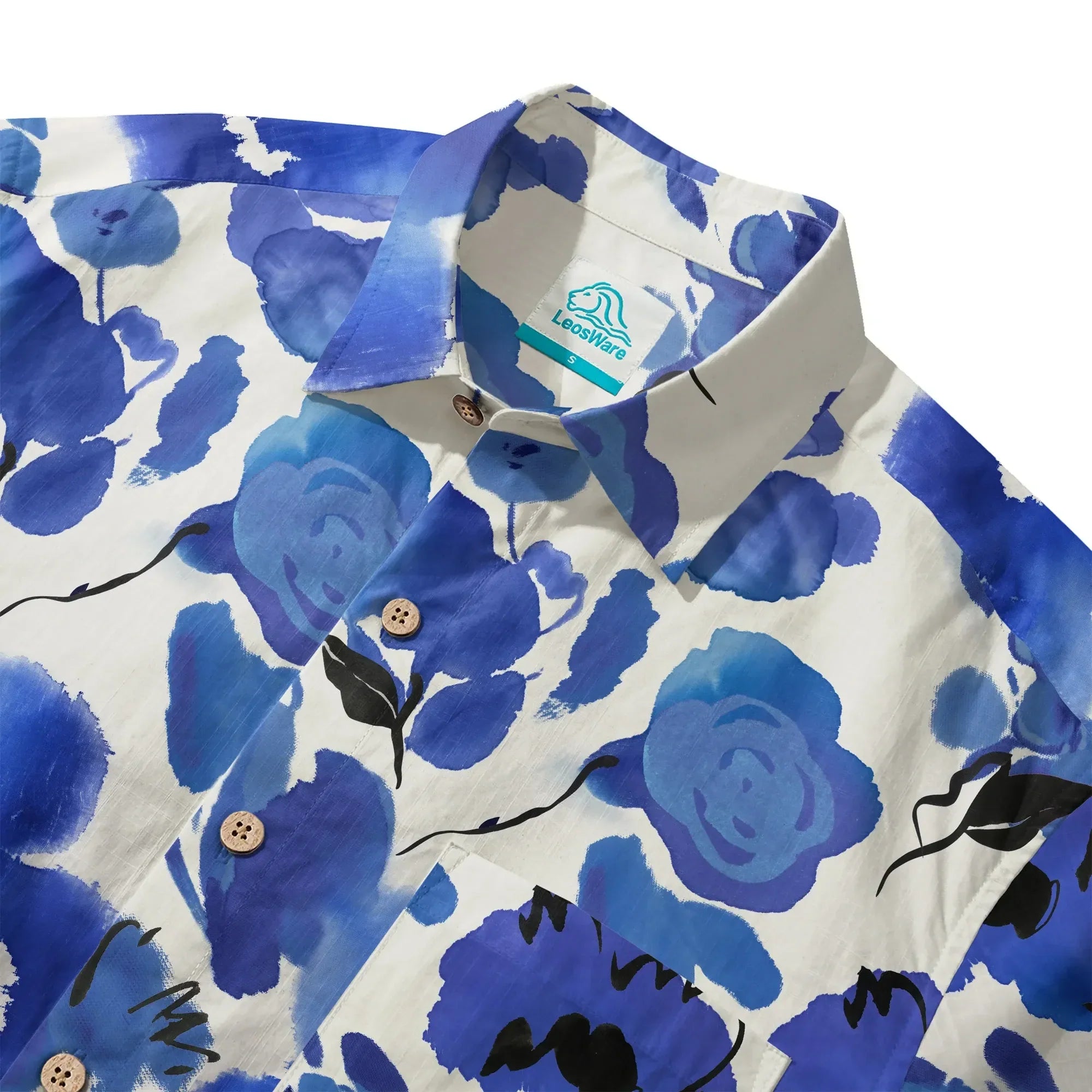 LeosWare® Men's Hawaiian Shirt Short Sleeve Button-up 100% Cotton Blue Aloha Ink Blue Florals By Huan huan