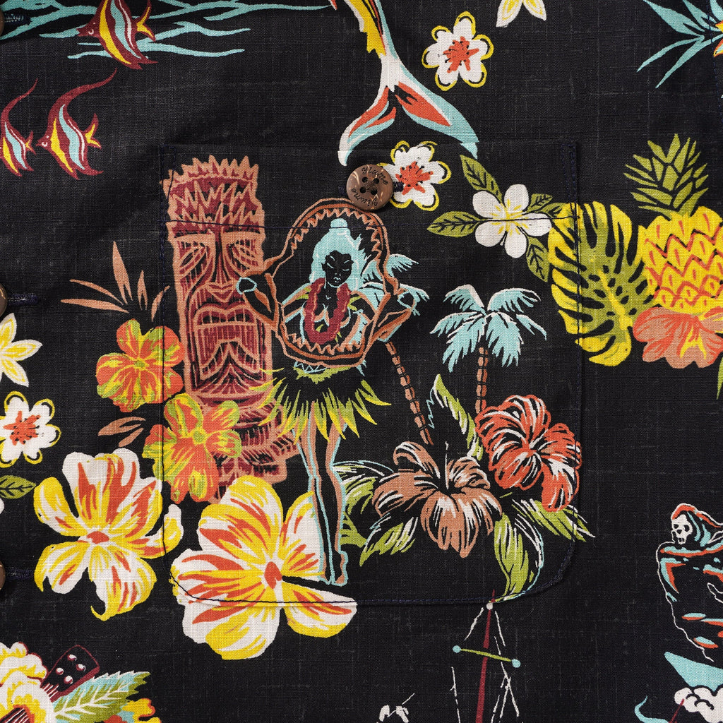 Tiki Men's Vintage Hawaiian Shirt Black Tiki Shirt Short Sleeve Camp Collar 100% Cotton Aloha Shirt Vintage Aloha By Sun