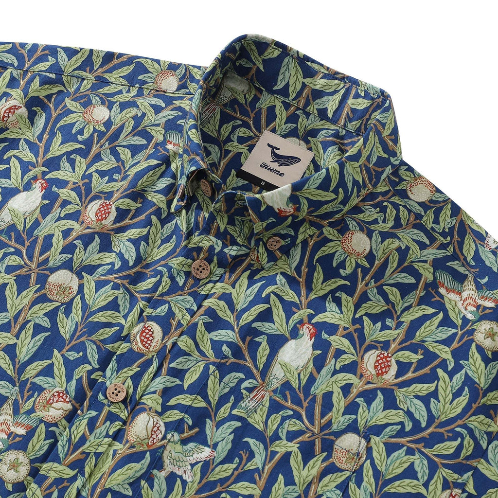 Men's Morris Hawaiian Shirt 1960s Retro Shirt Cotton Button-down Short Sleeve Aloha Shirt Birds And Pomegranates By Amy