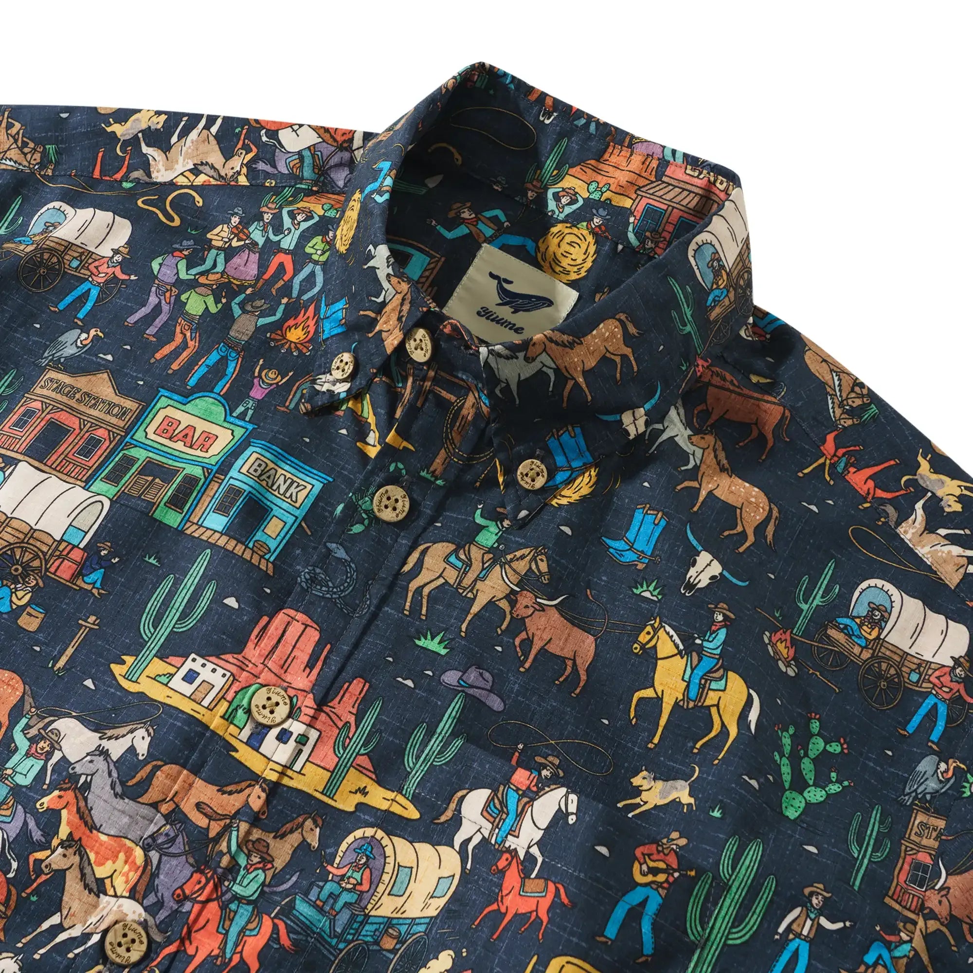 Men's Hawaiian Shirt Short Sleeve Button-down 100% Cotton Blue Aloha Vintage Denim Frontier Town By Huan huan