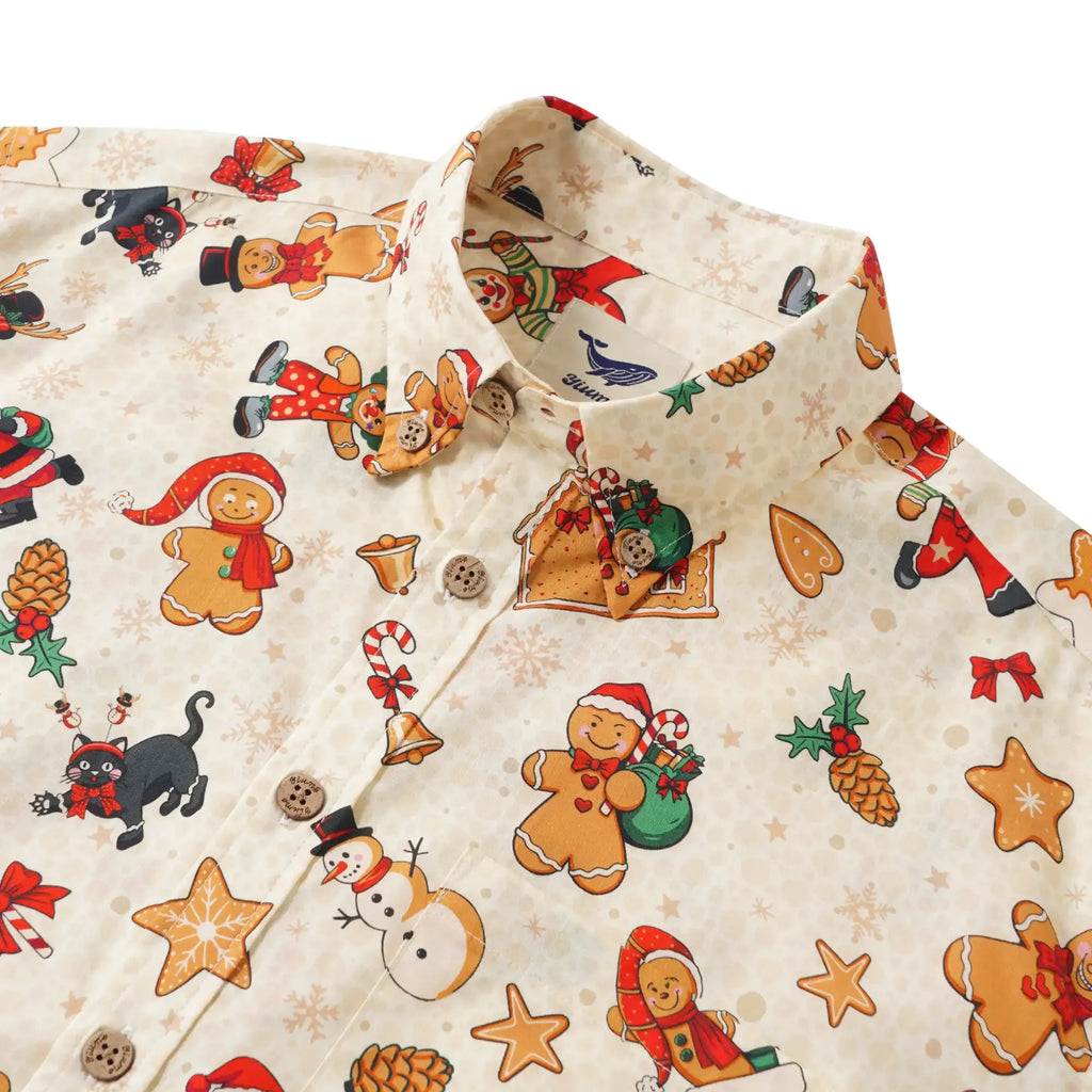 Christmas Gift Men's Hawaiian Shirt Short Sleeve Button-down 100% Cotton Beige Aloha Gingerbread Christmas Carnival By Huan huan