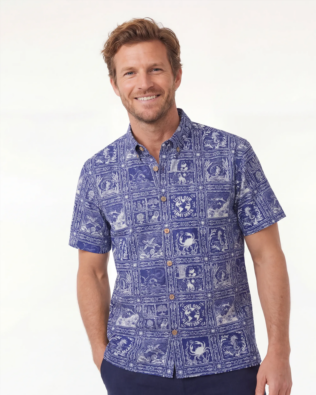 Men's Hawaiian Shirt Short Sleeve Button-down 100% Cotton Blue Aloha Endangered Animal Collage By Huan huan