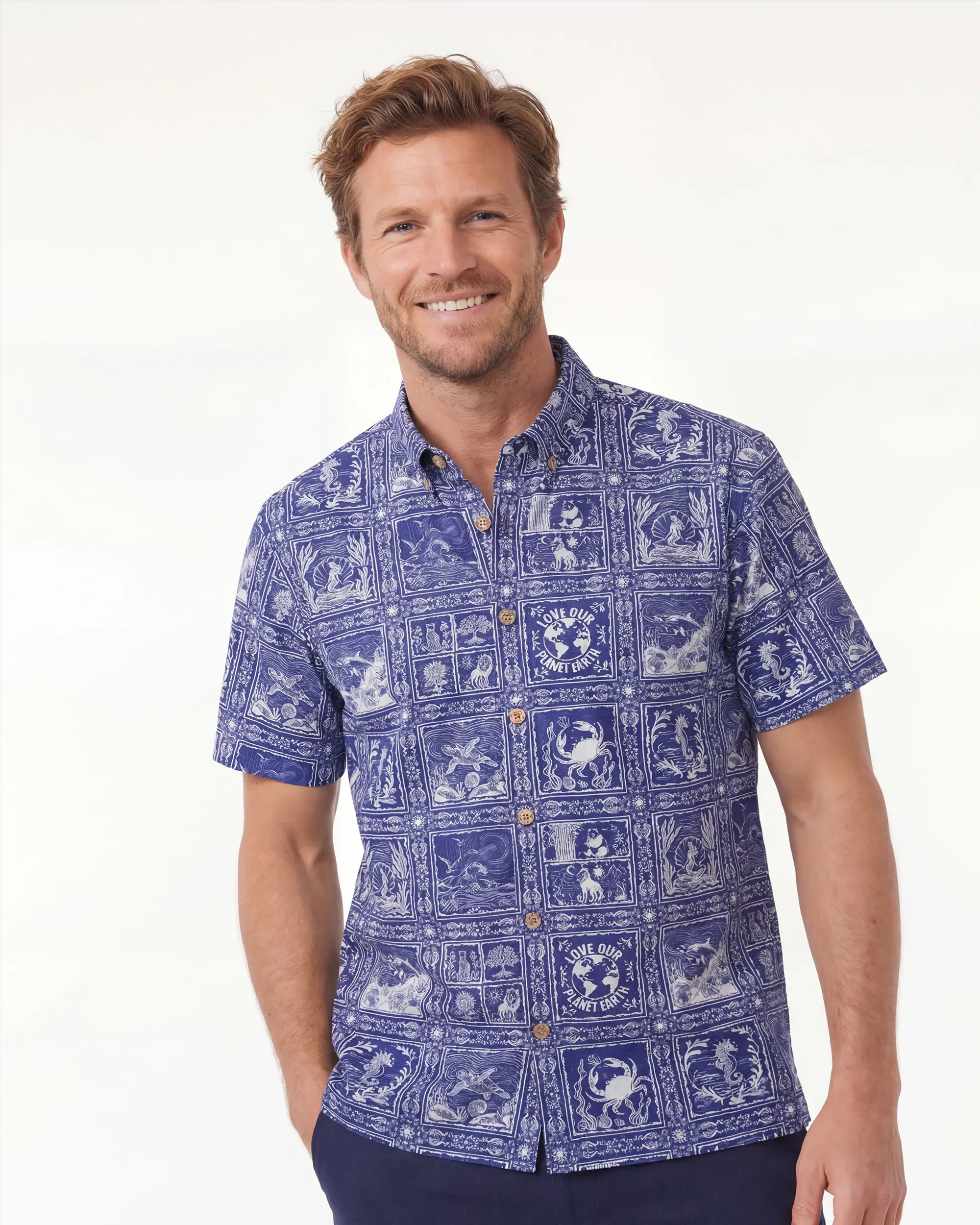 Men's Hawaiian Shirt Short Sleeve Button-down 100% Cotton Blue Aloha Endangered Animal Collage By Huan huan