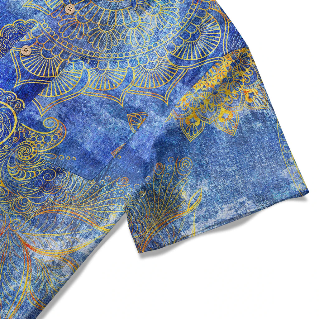 LeosWare® Men's Hawaiian Shirt Short Sleeve Button-up 100% Cotton Blue Aloha Indigo Mandala By Ann