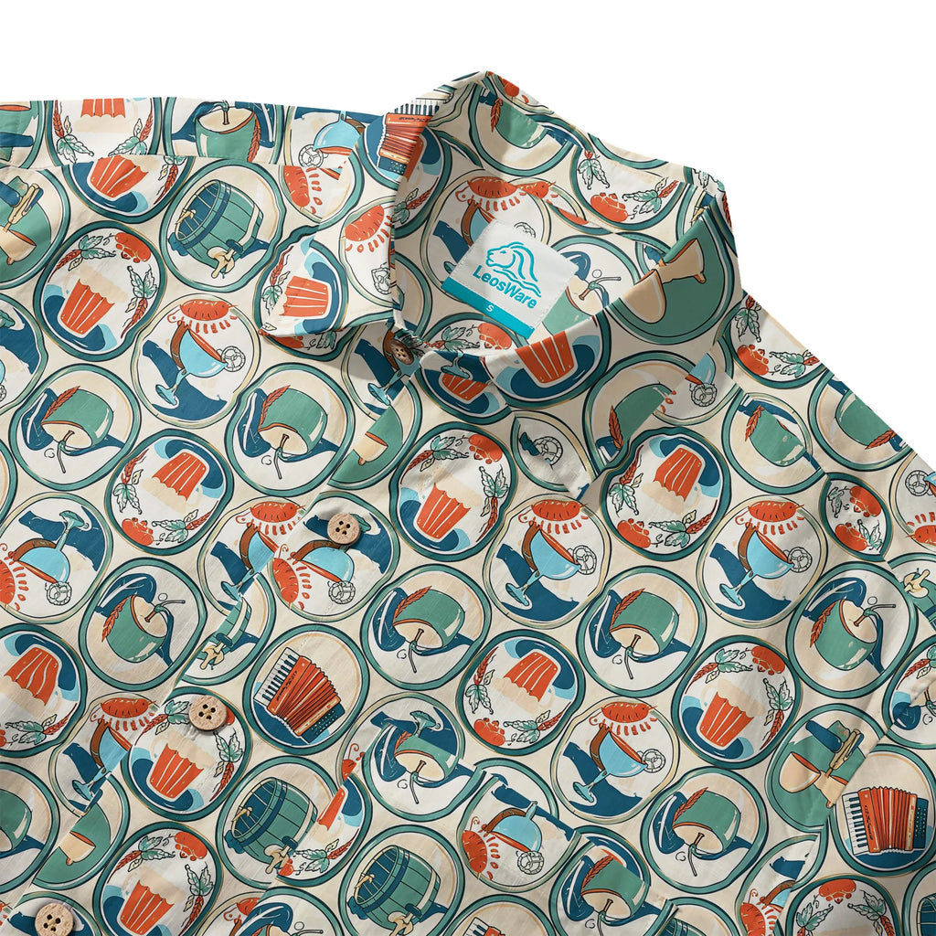 LeosWare® Men's Hawaiian Shirt Short Sleeve Button-up 100% Cotton Aloha Beer Festival Oval Motif By Ann