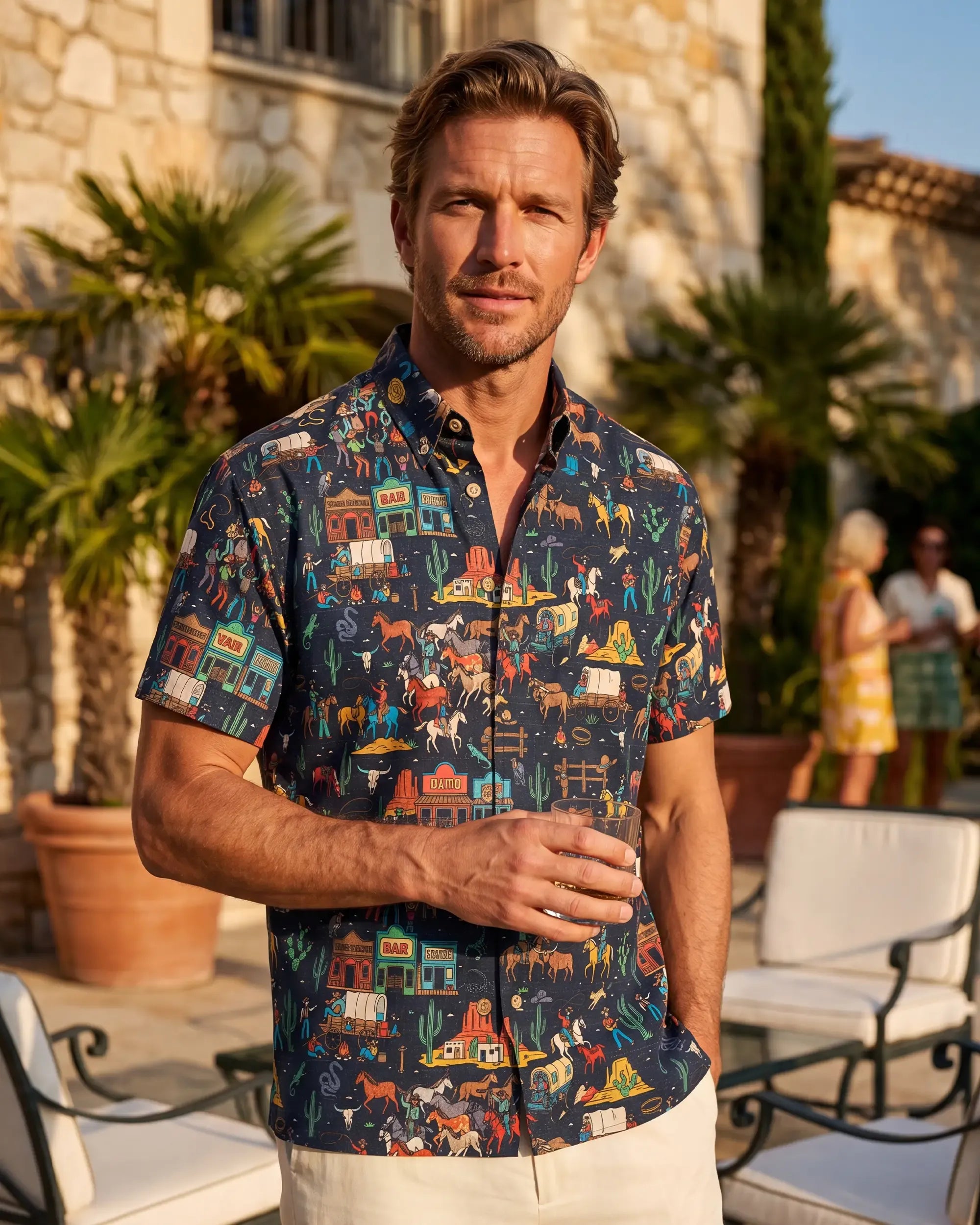 Men's Hawaiian Shirt Short Sleeve Button-down 100% Cotton Blue Aloha Vintage Denim Frontier Town By Huan huan