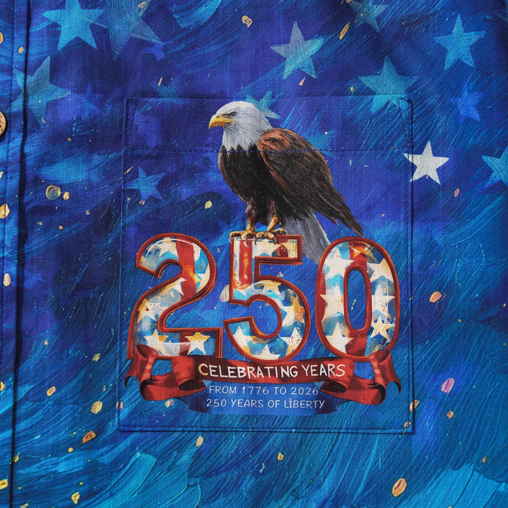 America 250 Men's Hawaiian Shirt Short Sleeve Button-down 100% Cotton Blue Aloha Starry Night Fireworks 250 Celebration By Yana