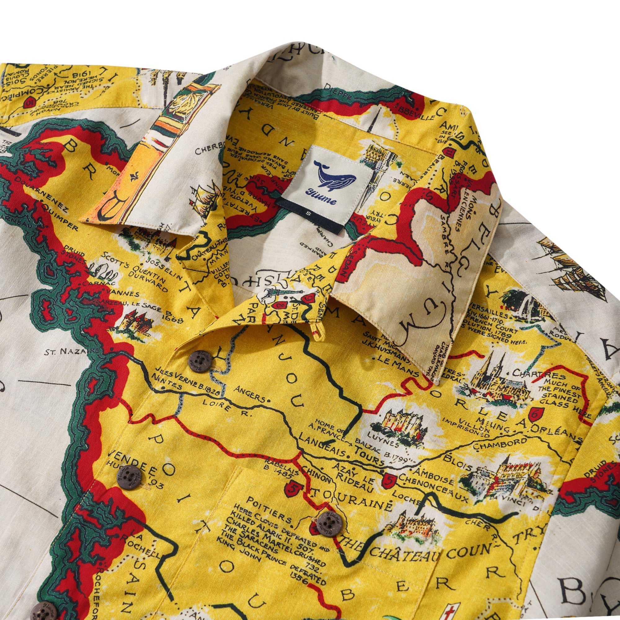 Men's Hawaiian Shirt Short Sleeve Camp Collar 100% Cotton Yellow Aloha Vintage Map By DUDU