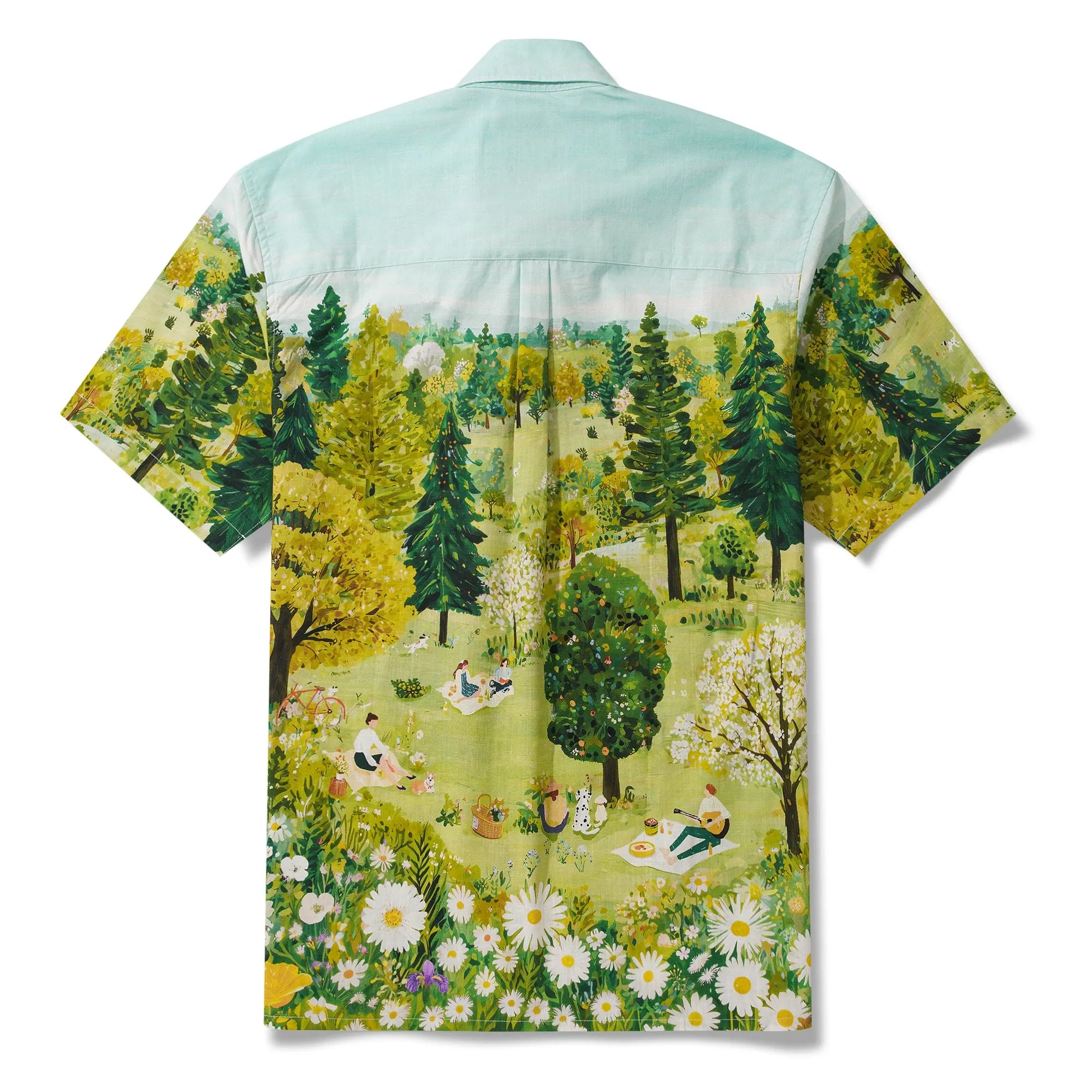 Men's Hawaiian Shirt Short Sleeve Button-down 100% Cotton Green Aloha Daisy Meadow Picnic By Cigar