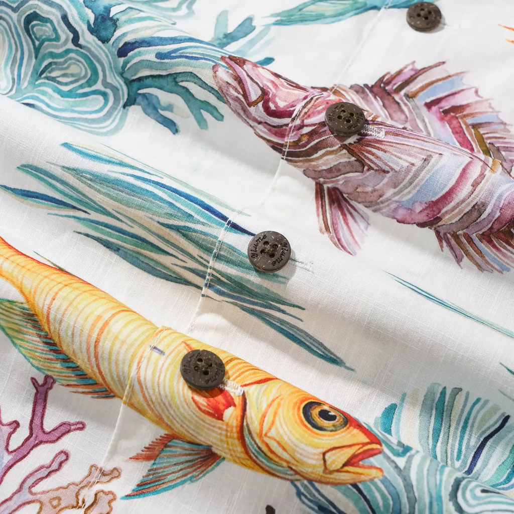 Men's Hawaiian Shirt Short Sleeve Camp Collar 100% Cotton Blue Aloha Life Underwater By Michela Maranzana