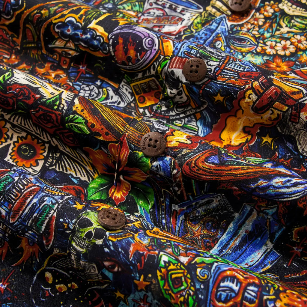 Men's Hawaiian Shirt Short Sleeve Camp Collar 100% Cotton Red Aloha Intergalactic Luau Graffiti By Mo
