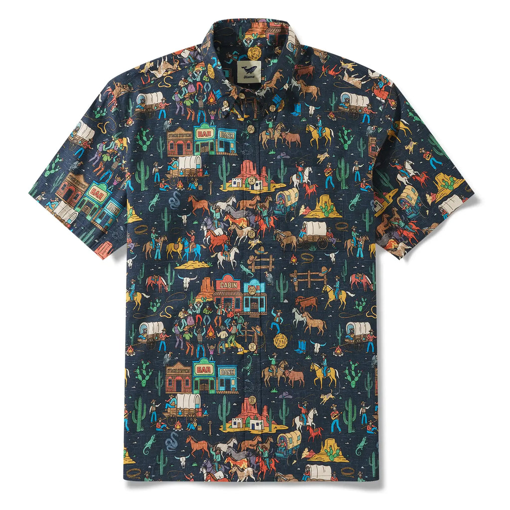 Men's Hawaiian Shirt Short Sleeve Button-down 100% Cotton Blue Aloha Vintage Denim Frontier Town By Huan huan