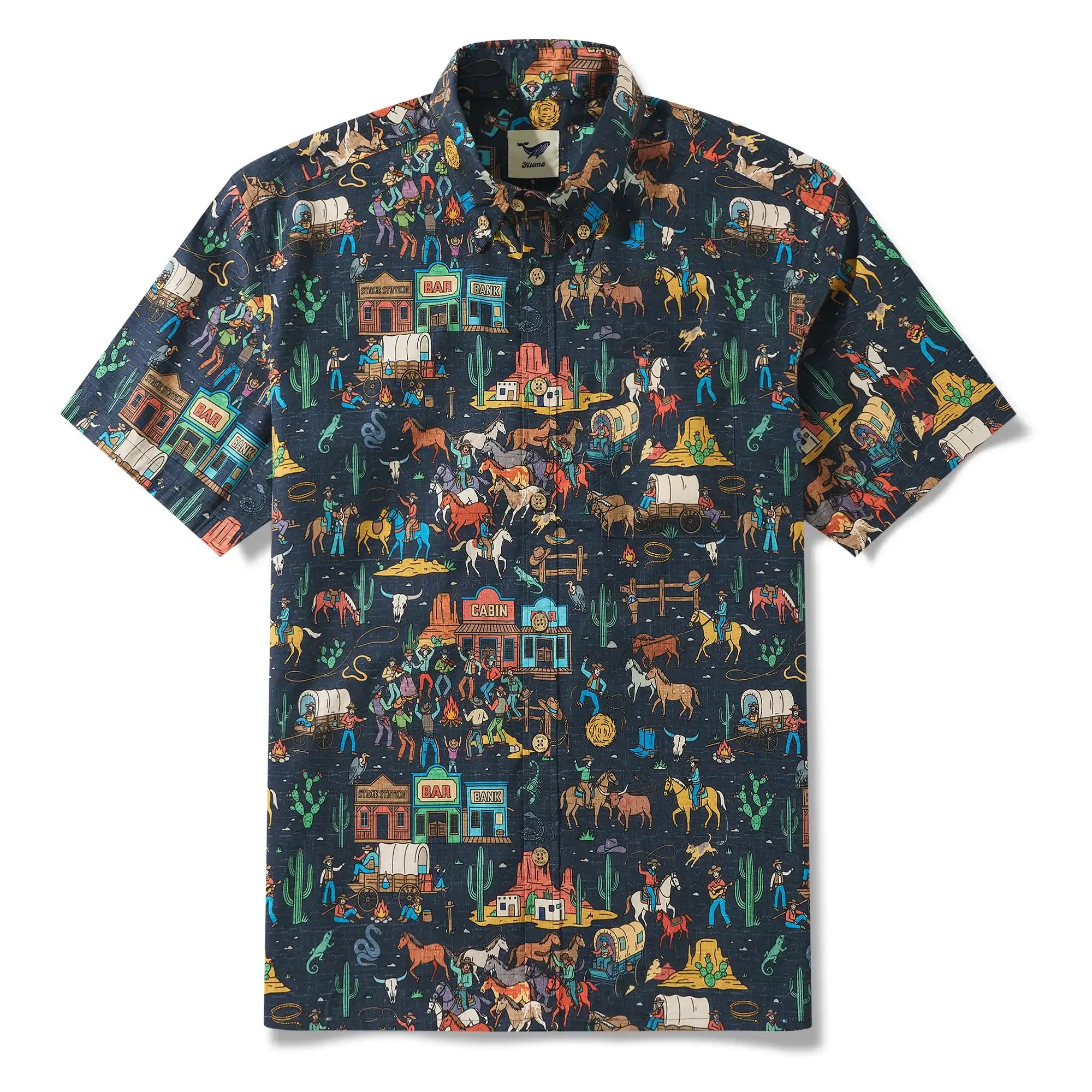 Men's Hawaiian Shirt Short Sleeve Button-down 100% Cotton Blue Aloha Vintage Denim Frontier Town By Huan huan