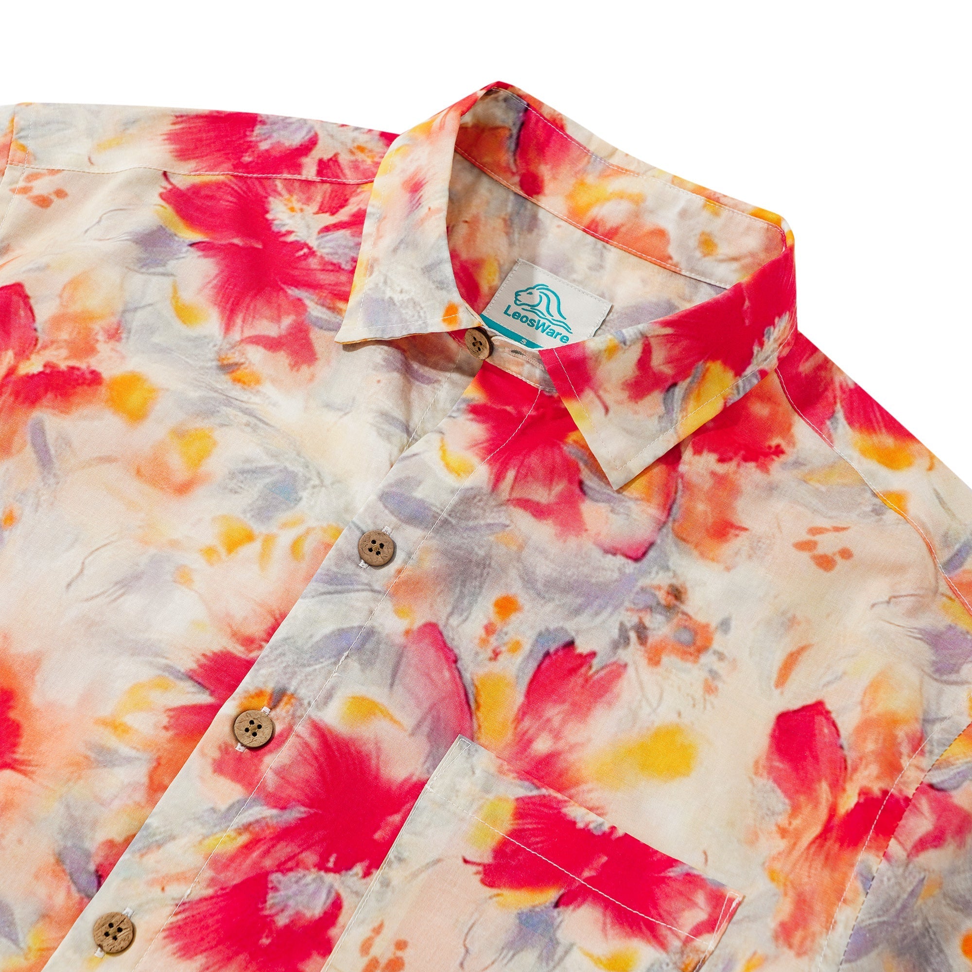 LeosWare® Men's Hawaiian Shirt Short Sleeve Button-up 100% Cotton Red Aloha Vibrant Watercolor Floral Cluster Painting By Ethan