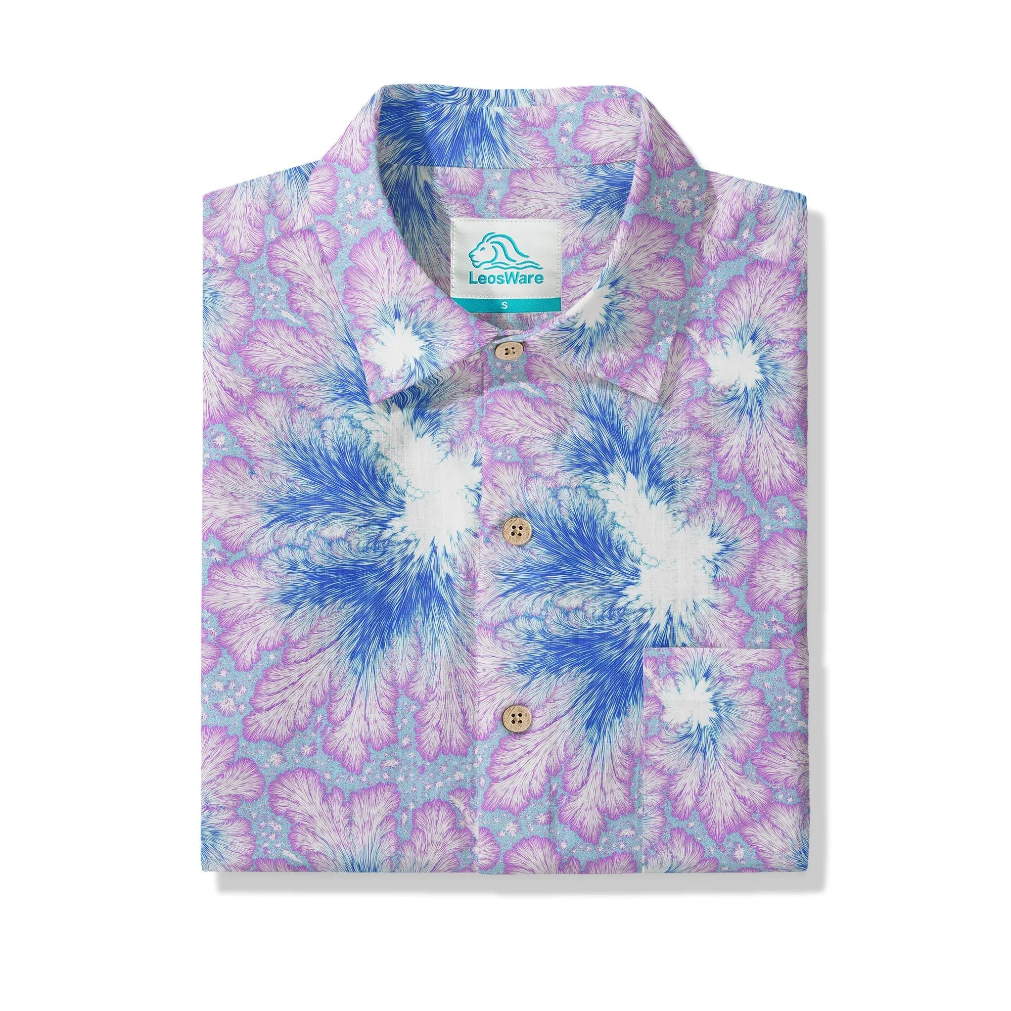 Chemise hawaïenne pour homme LeosWare® à manches courtes, boutonnée 100 % coton, violette Aloha, plumage bleu violet en flamme fractale par Ann