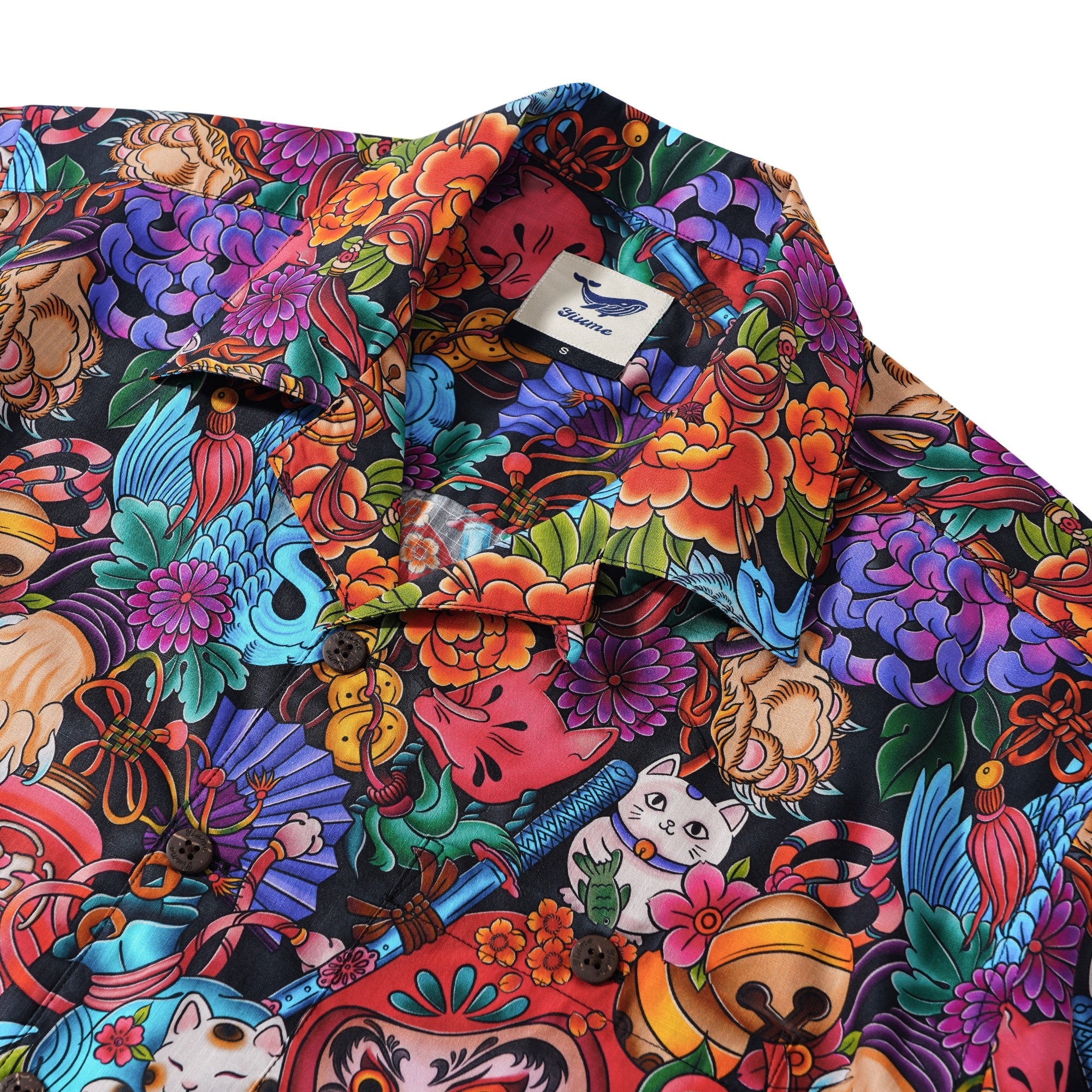 Chemise hawaïenne pour homme à manches courtes col camp 100% coton noire Aloha Tokyo Whimsy par Geetanjali Behera, par Geetanjali Behera