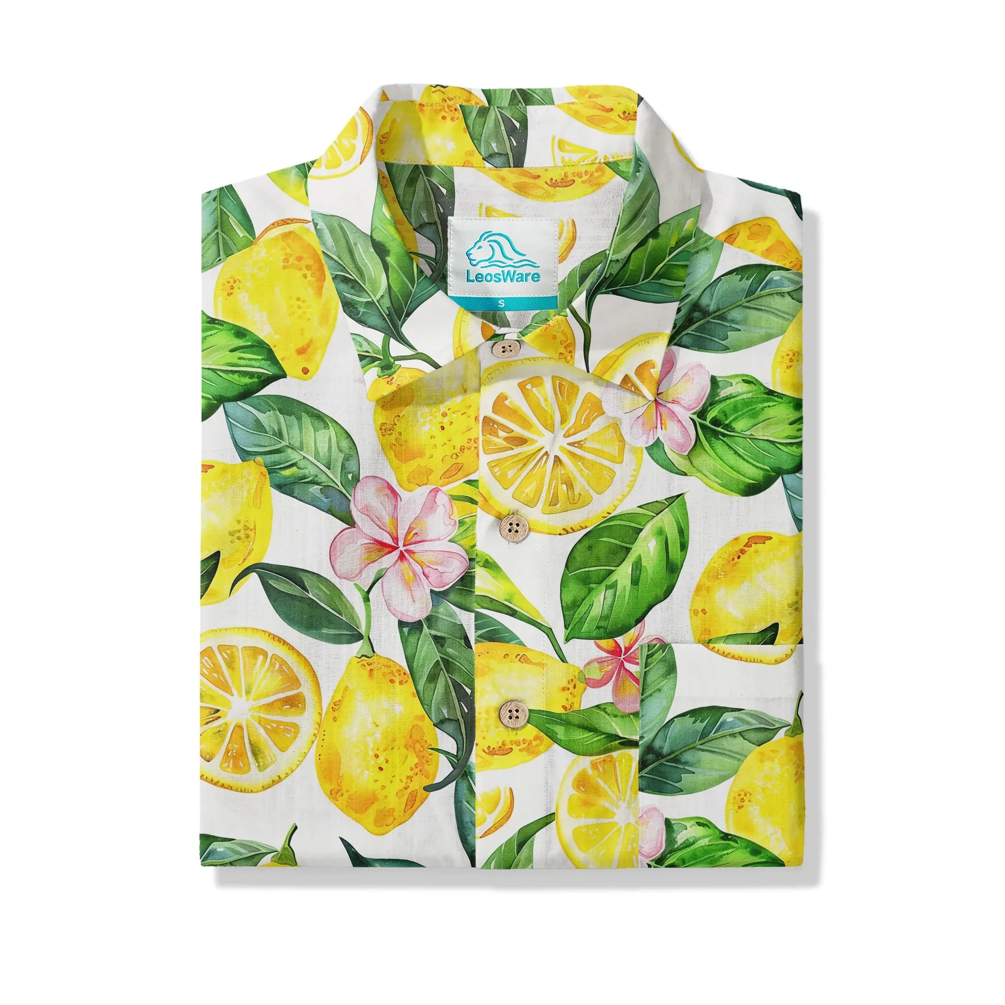 LeosWare® Men's Hawaiian Shirt Short Sleeve Button-up 100% Cotton Yellow Aloha Lemon Summer Essence By Ann