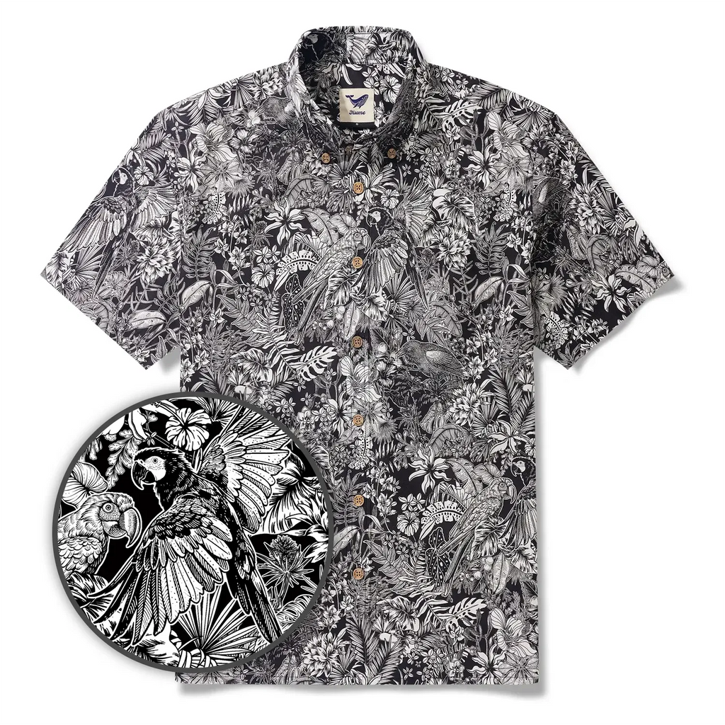 Men's Hawaiian Shirt Short Sleeve Button-down 100% Cotton White Aloha Monochrome Tropical Jungle Charm By Cigar
