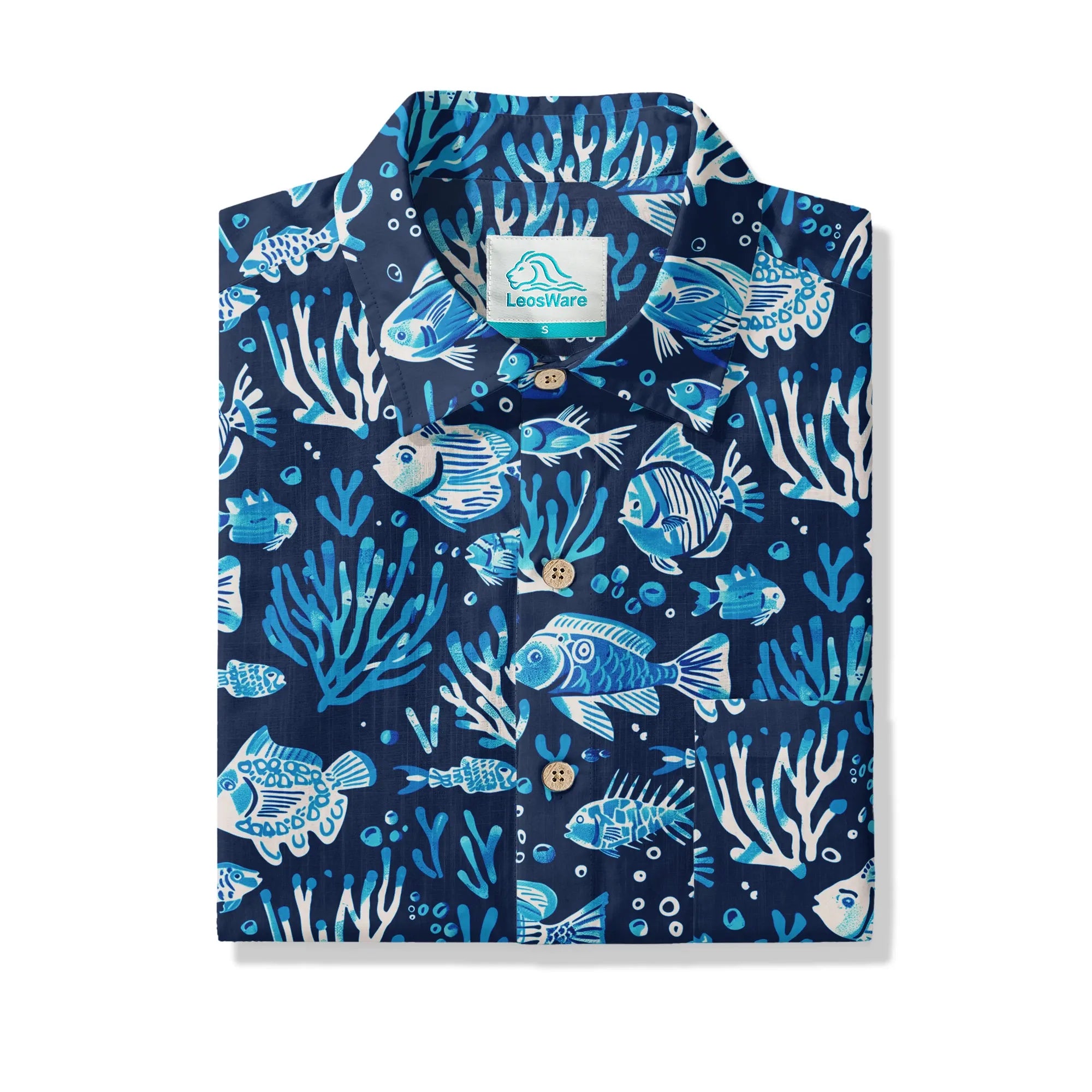 LeosWare® Men's Hawaiian Shirt Short Sleeve Button-up 100% Cotton Blue Coral Aloha Deep Blue Fish Whisper By Ann