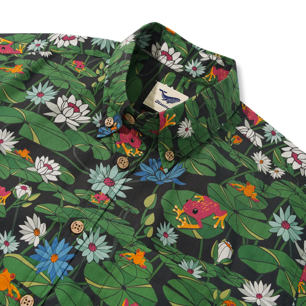 Men's Hawaiian Shirt Short Sleeve Button-down 100% Cotton Green Water Lily Aloha Happy Frogs By Diane Gosselin