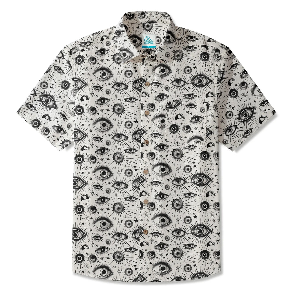 LeosWare® Men's Hawaiian Shirt Short Sleeve Button-up 100% Cotton White Aloha Starlight Eye Array By Ann