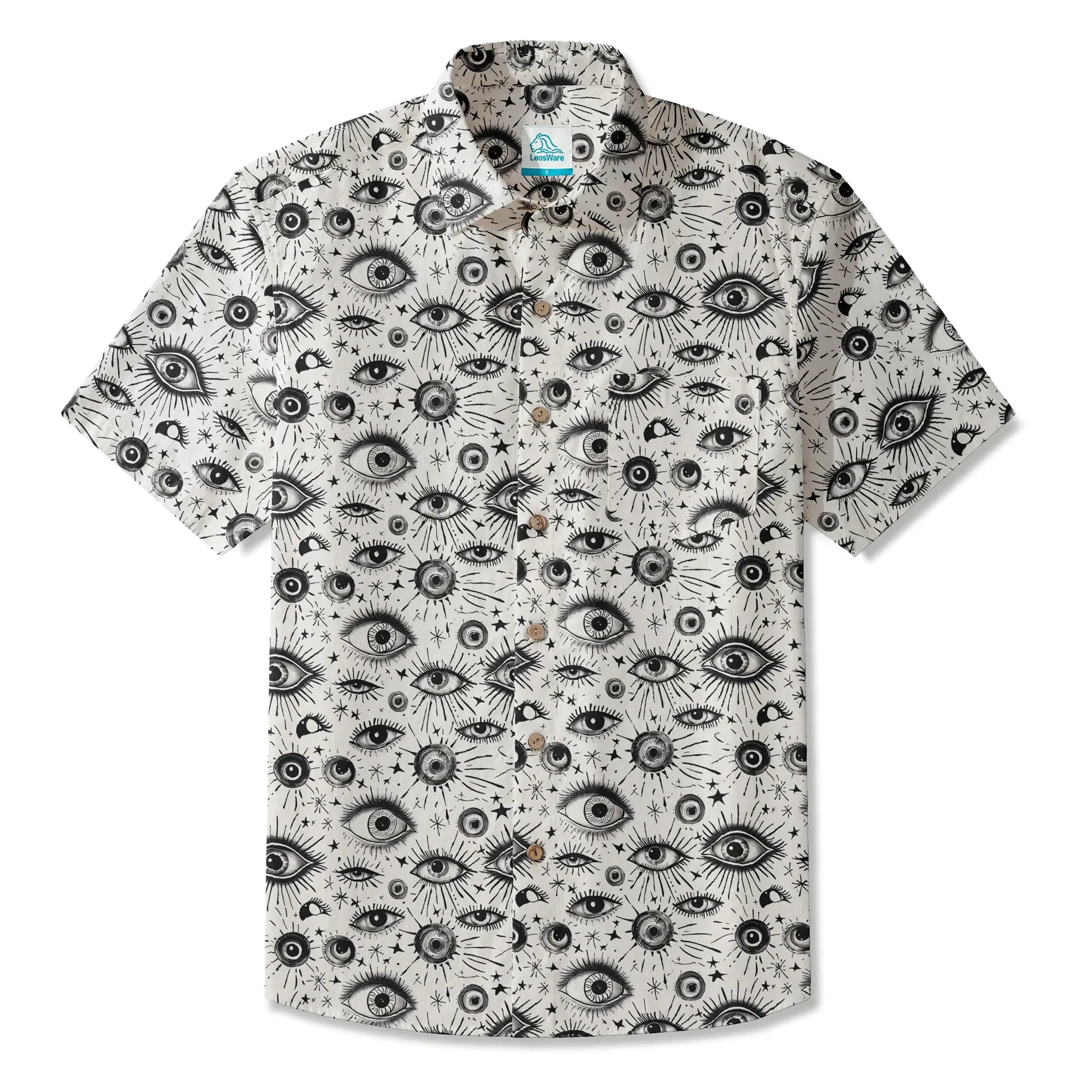 LeosWare® Men's Hawaiian Shirt Short Sleeve Button-up 100% Cotton White Aloha Starlight Eye Array By Ann