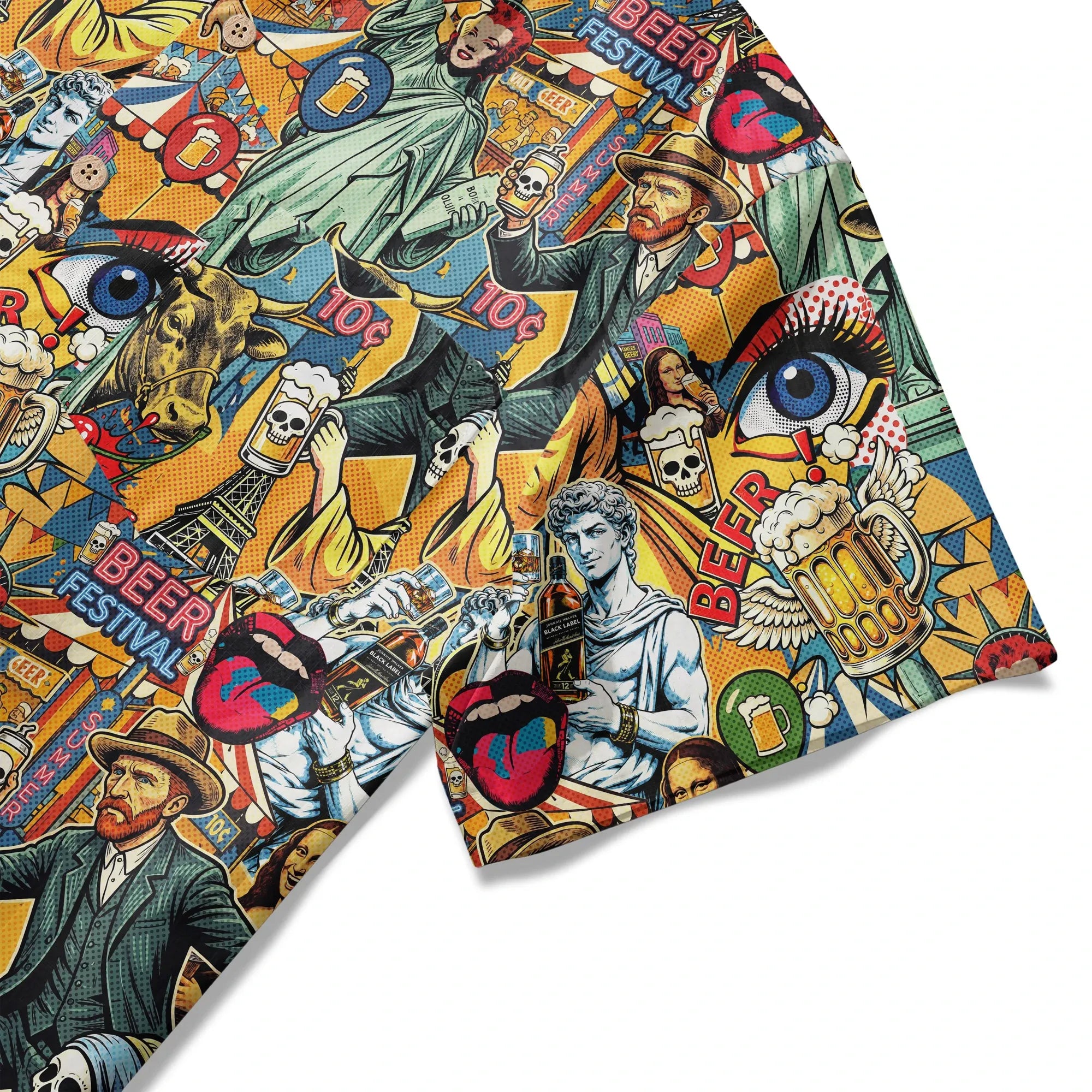 LeosWare® Men's Hawaiian Shirt Short Sleeve Button-up 100% Cotton Green Aloha Art & Beer Pop Collage By Huan huan
