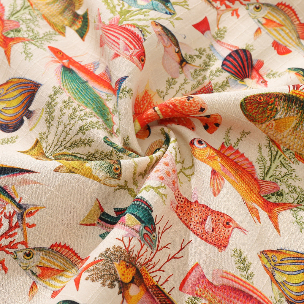 100% Silk Men's Hawaiian Shirt Sea Ocean Fish Print Camp collar Short Sleeve Aloha Shirt By Amy