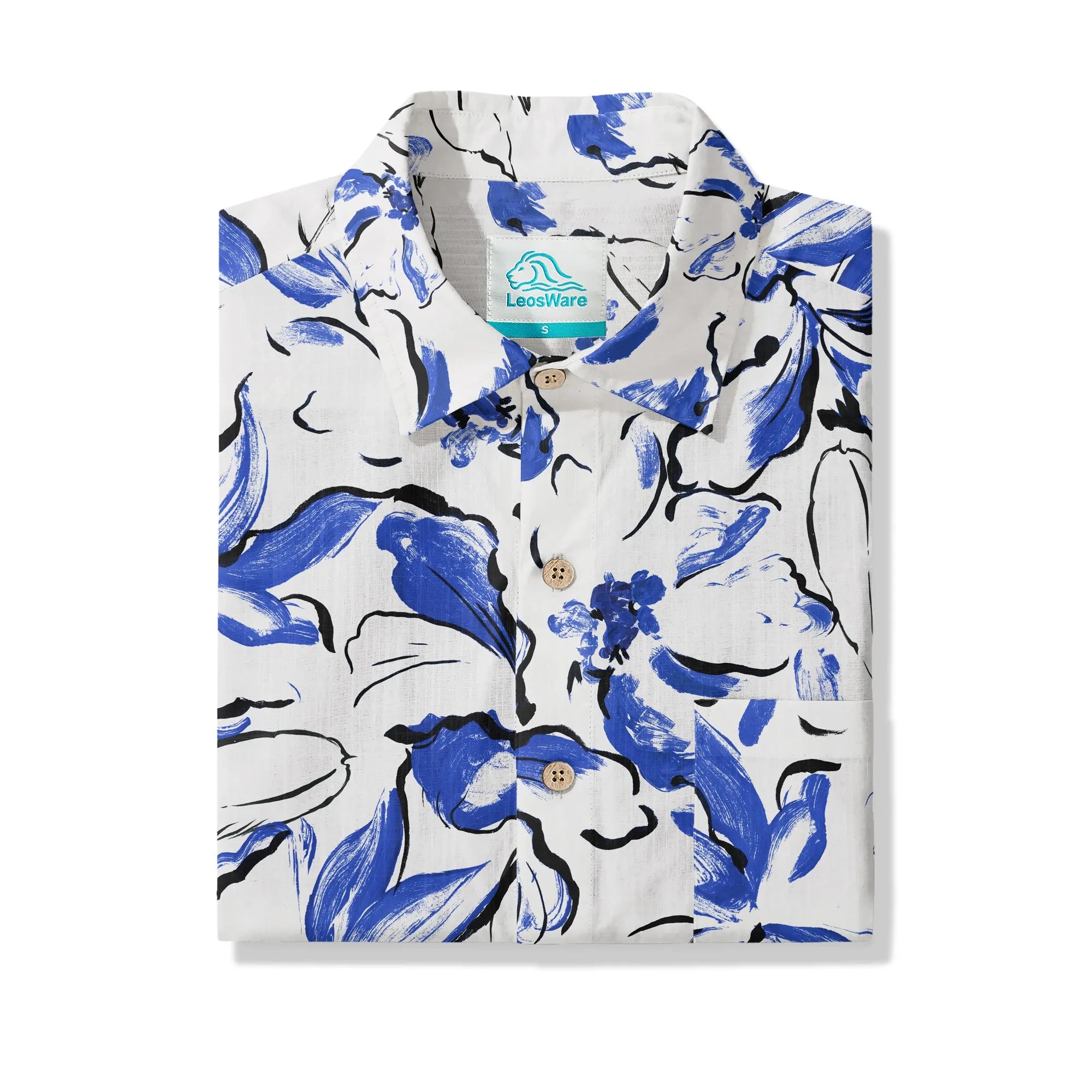 LeosWare® Men's Hawaiian Shirt Short Sleeve Button-up 100% Cotton Blue Aloha Indigo Blossoms Brushstroke By Huan huan