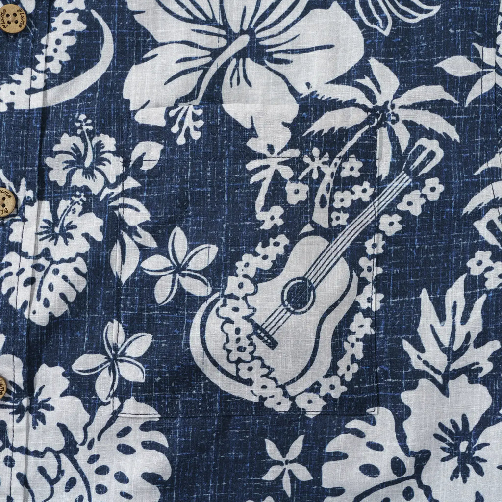 Men's Hawaiian Shirt Short Sleeve Button-down 100% Cotton Blue Aloha Island Ukulele By DUDU