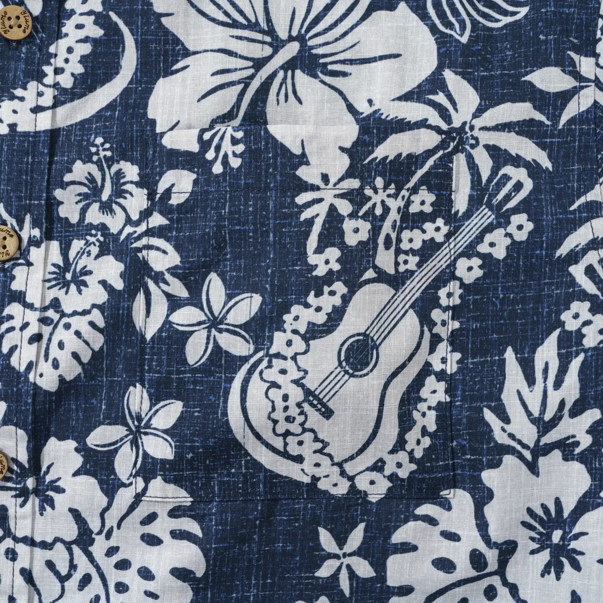 Men's Hawaiian Shirt Short Sleeve Button-down 100% Cotton Blue Aloha Island Ukulele By DUDU