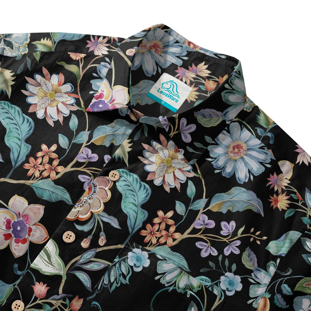 LeosWare® Men's Hawaiian Shirt Short Sleeve Button-up 100% Cotton Blue Aloha Black Garden Splendor By Huan huan