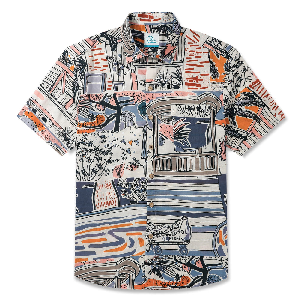 LeosWare® Men's Hawaiian Shirt Short Sleeve Button-up 100% Cotton Blue Aloha Tropical Paradise Getaway By Ethan