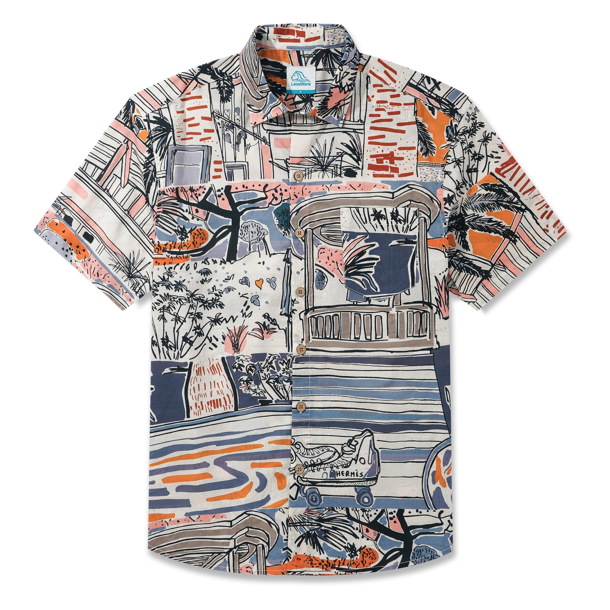 LeosWare® Men's Hawaiian Shirt Short Sleeve Button-up 100% Cotton Blue Aloha Tropical Paradise Getaway By Ethan