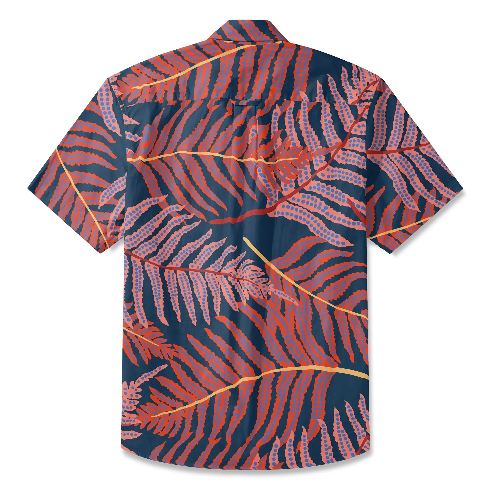 Chemise hawaïenne pour hommes LeosWare® à manches courtes boutons en 100 % coton bleu Aloha fougères rouges ombres nocturnes par Ann